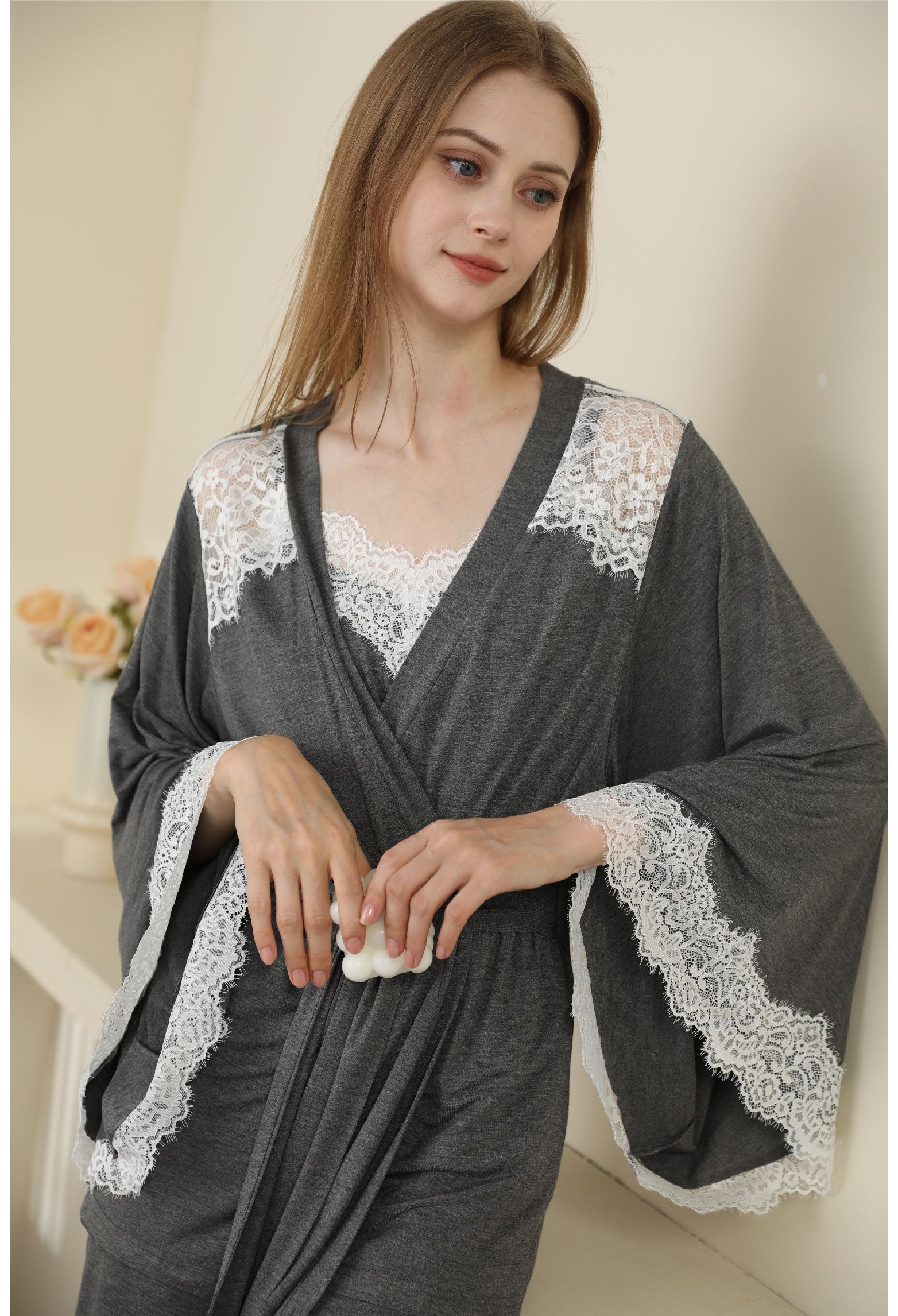 Sexy Modal Lace Backless Pajama Robe Camisole Set