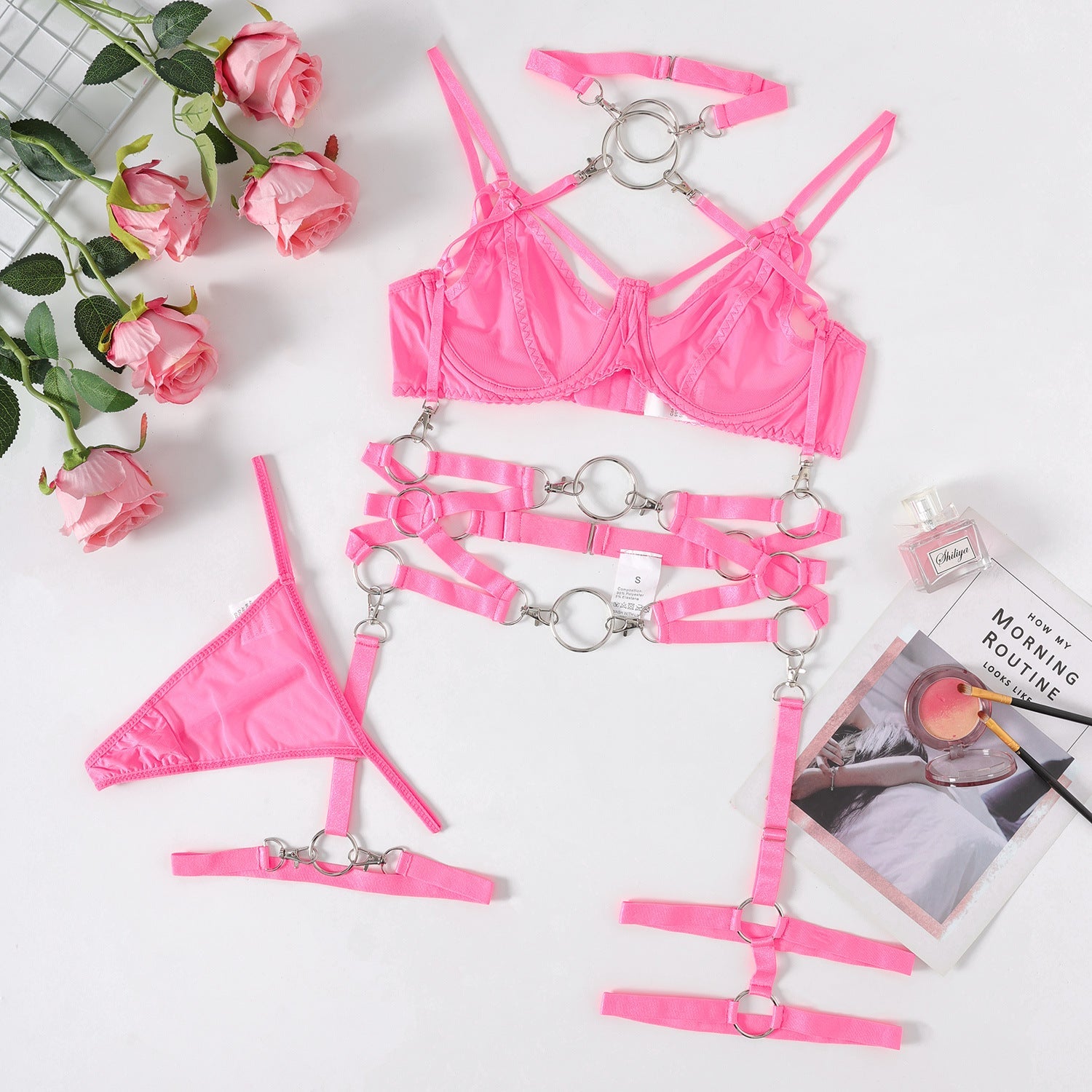 Conjunto de lencería exótica para mujer, cadena, bondage, encaje, cuello halter para juegos de rol