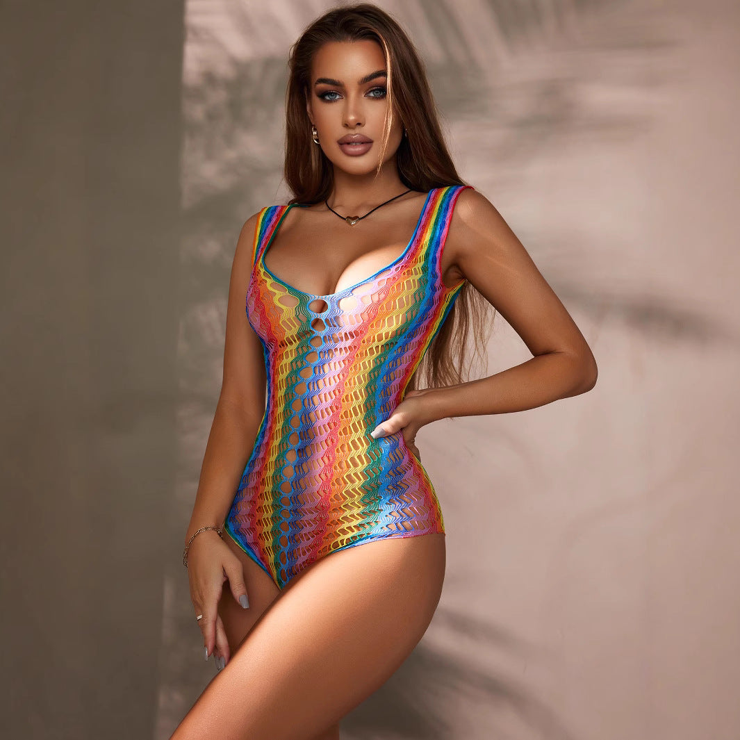 Traje de red sexy con aberturas, corte ajustado arcoíris