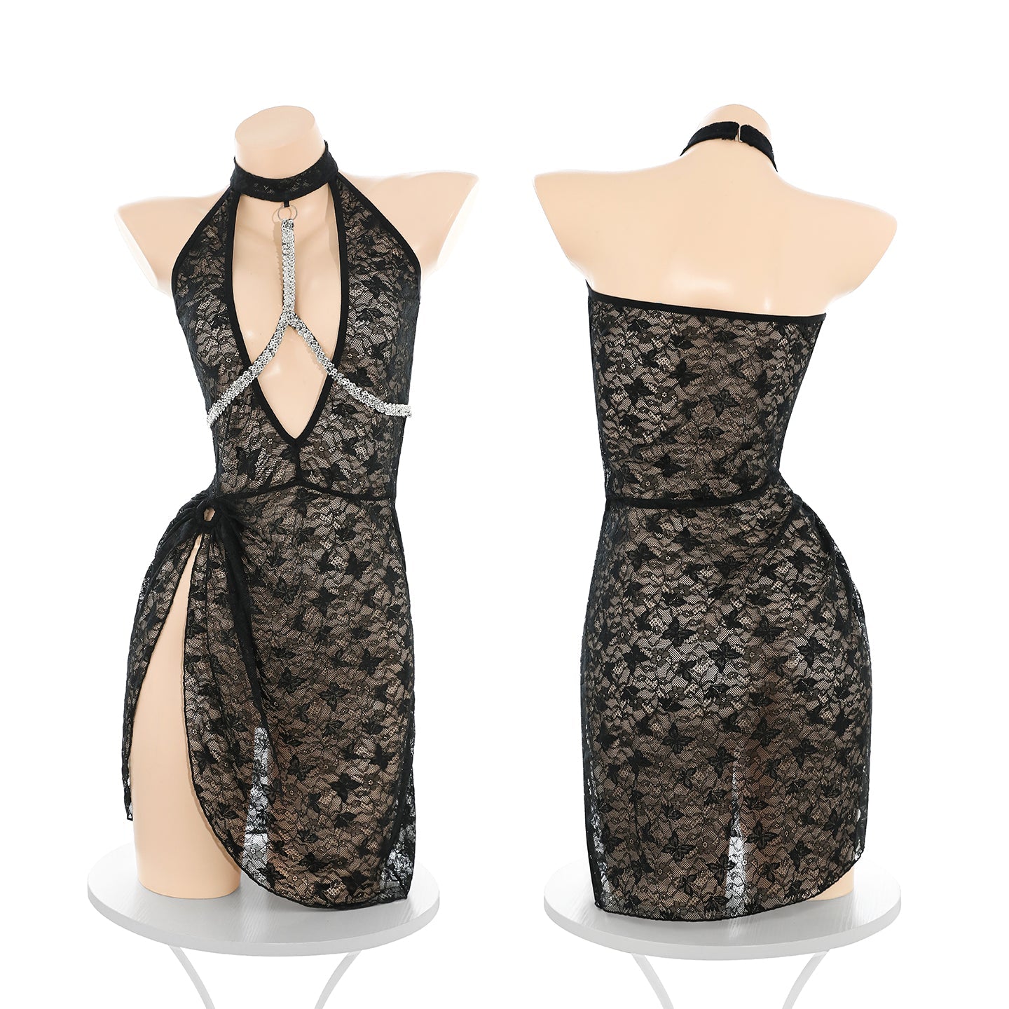 Flash Chain Breastpin Charming See-through Sexy Lace Dress