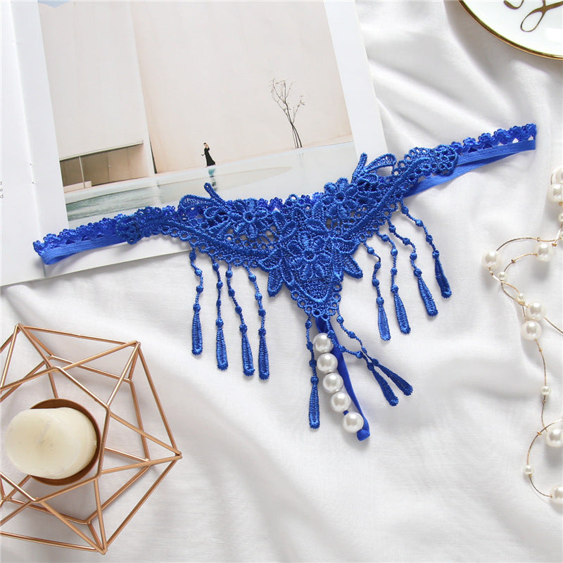 Sexy Embroidered Tassel Pearl Open Crotch Thong
