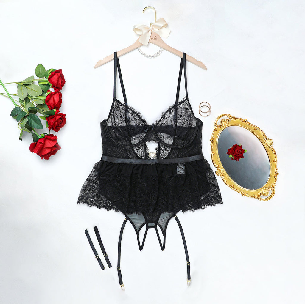 Plus - Size Lace Trimmed Bra with Steel Boning and Garter Belt Sexually Arousing Lingerie Set