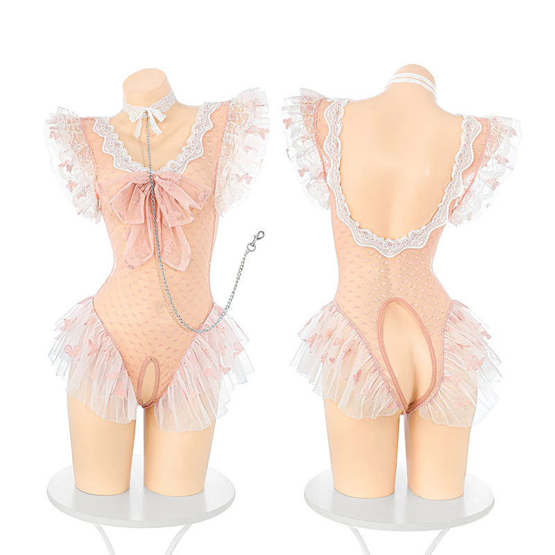 Conjunto de lencería sexy con ligas, transparente y con abertura en la entrepierna