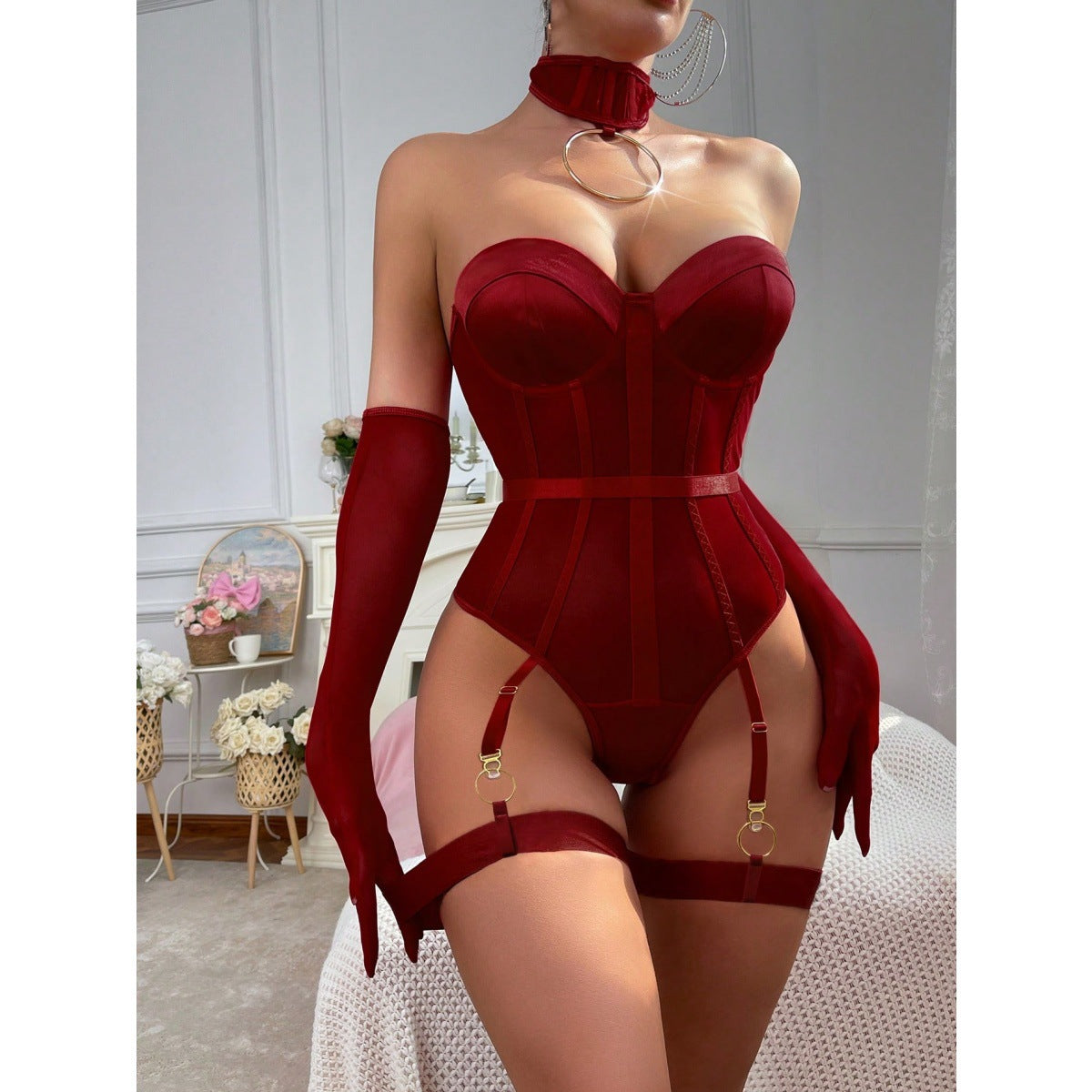 Traje de corsé sin tirantes con liguero y collar, sin guantes