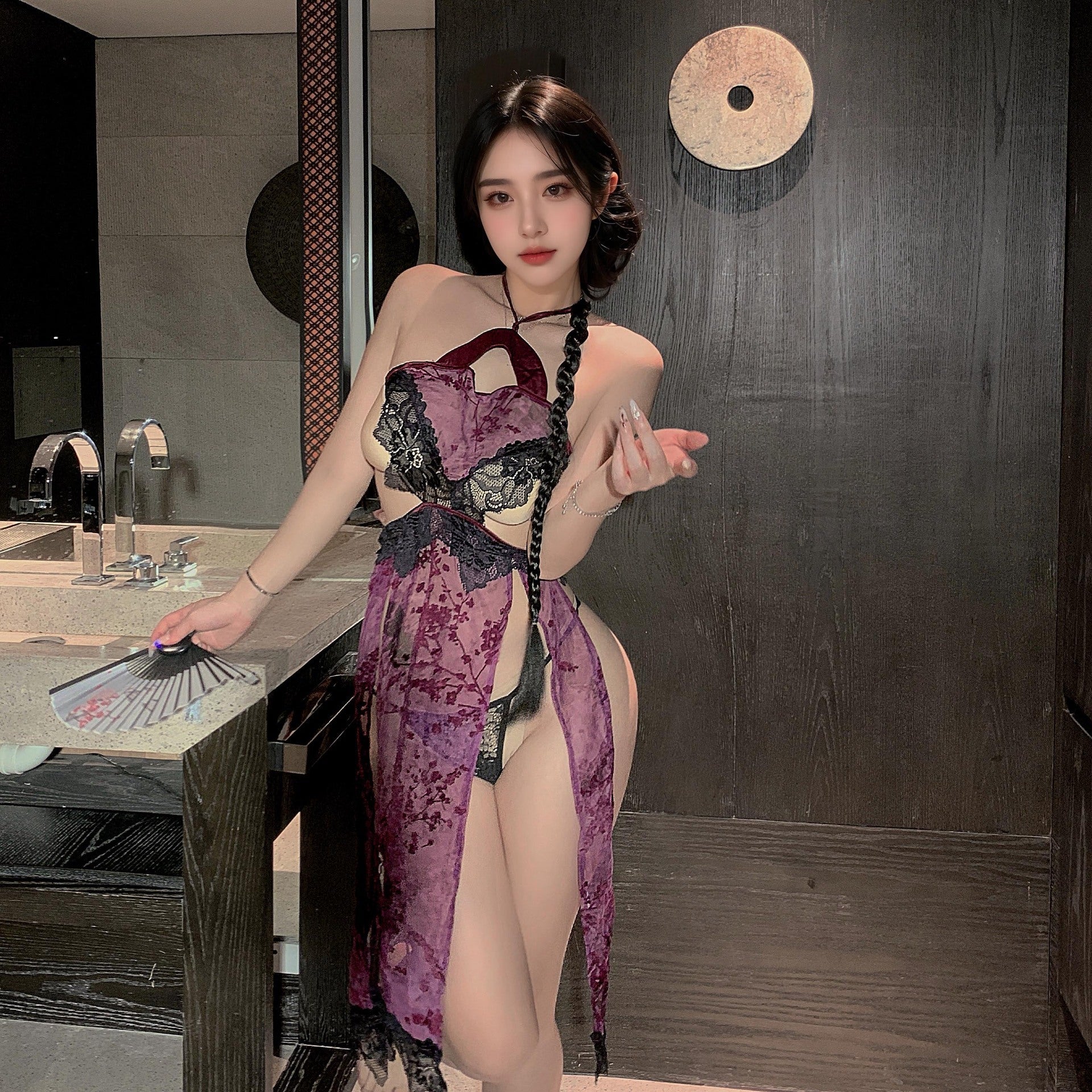 Sexy Sheer Halter Neck Cheongsam Uniform Suit