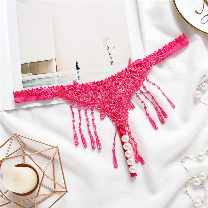 Sexy Embroidered Tassel Pearl Open Crotch Thong