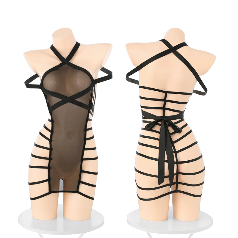 Vestido de encaje con atadura sexy transparente lencería sexy
