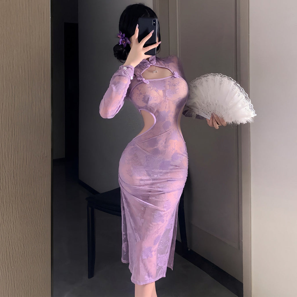 Traje Cheongsam transparente de encaje