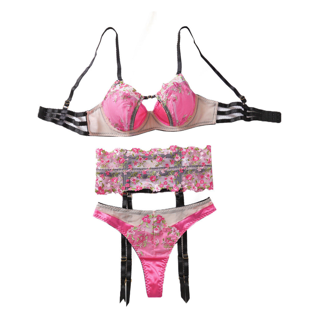 Floral Embroidered Sheer Mesh Underwire Bra Alluring G-String Garter Belt Sexy  Lingerie Trio