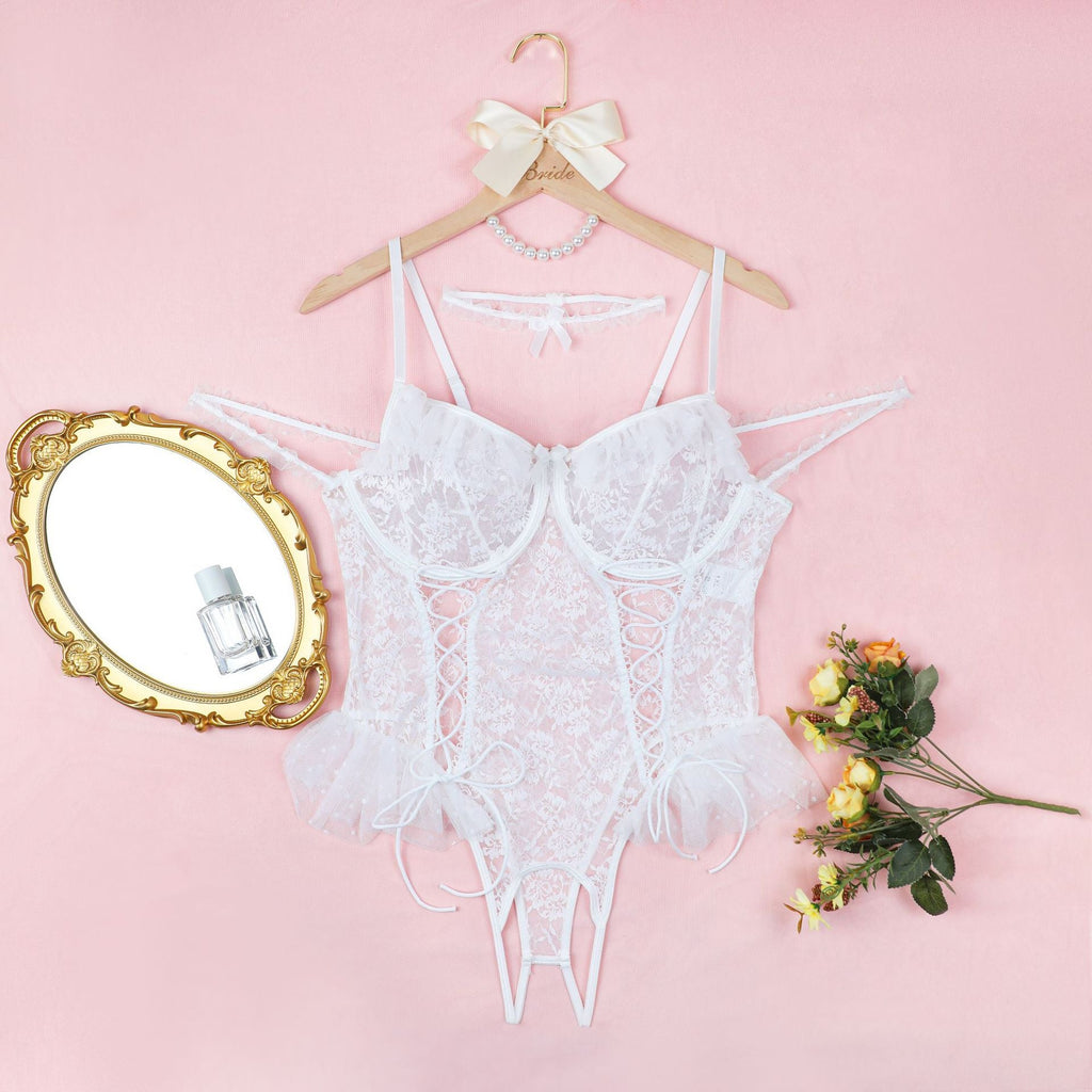 Conjunto de lencería de talla grande, sexy, de una pieza, tipo halter, de pijama, de encaje transparente, sexy