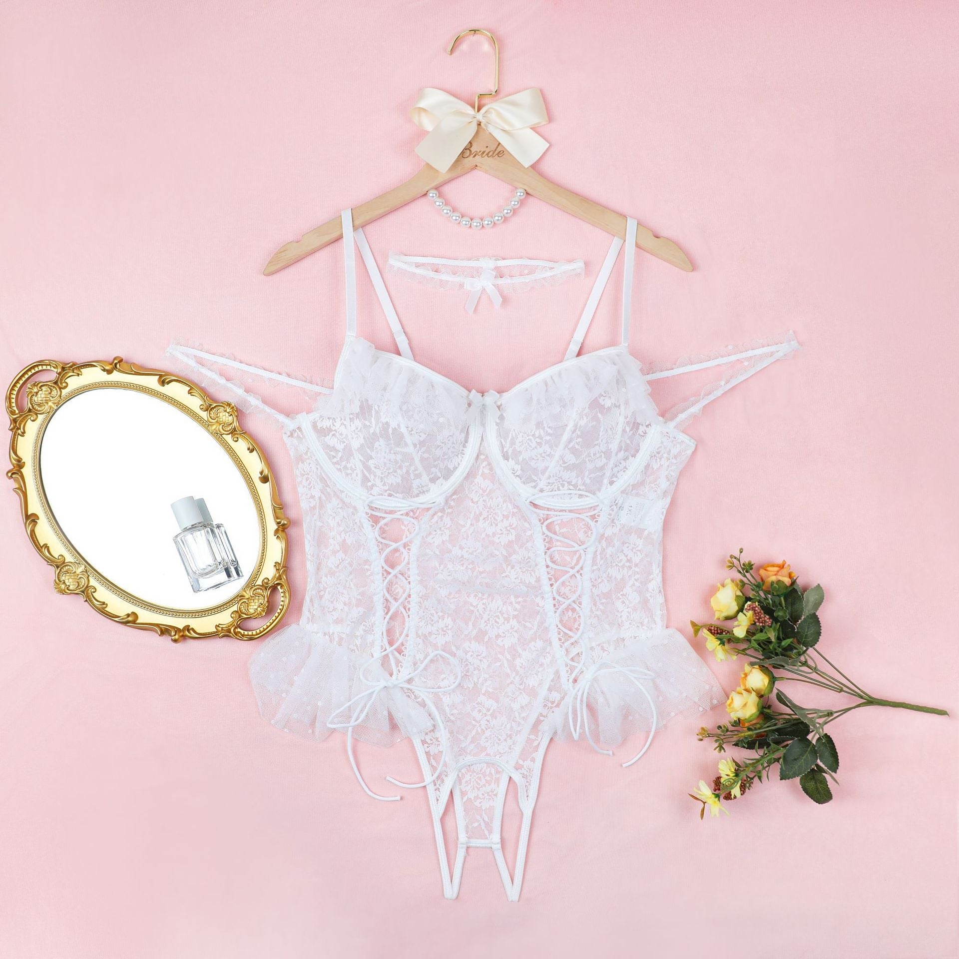 Conjunto de lencería de talla grande, sexy, de una pieza, tipo halter, de pijama, de encaje transparente, sexy