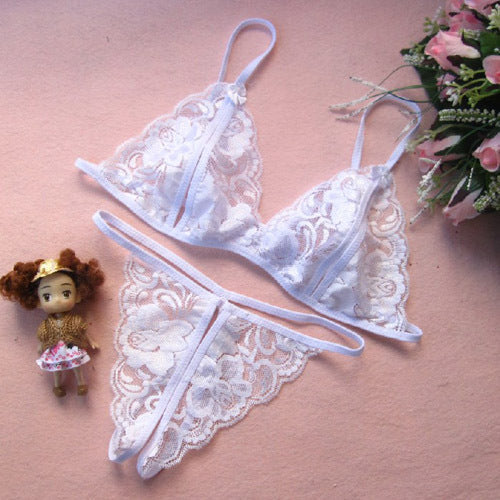 Conjunto de lencería sexy de tres piezas para mujer, de encaje transparente y entrepierna abierta, seductora