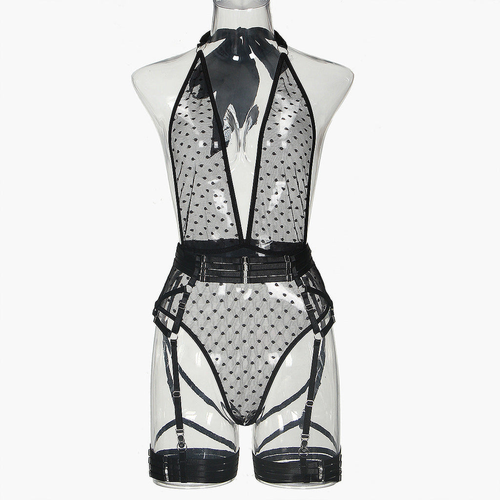 Traje de cinco piezas con mono de cuello halter, malla de puntos, escote en V pronunciado y cordones