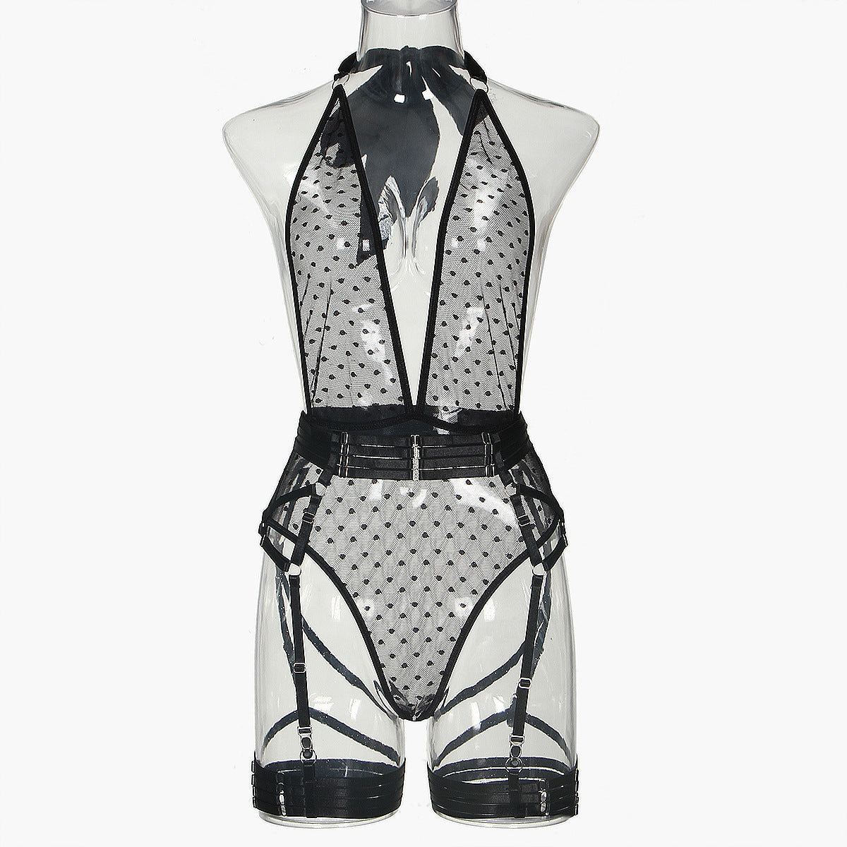 Traje de cinco piezas con mono de cuello halter, malla de puntos, escote en V pronunciado y cordones