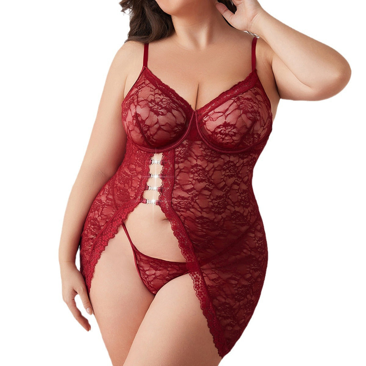 Conjunto de lencería de dos piezas de talla grande, sexy, de encaje transparente con liguero y abertura.