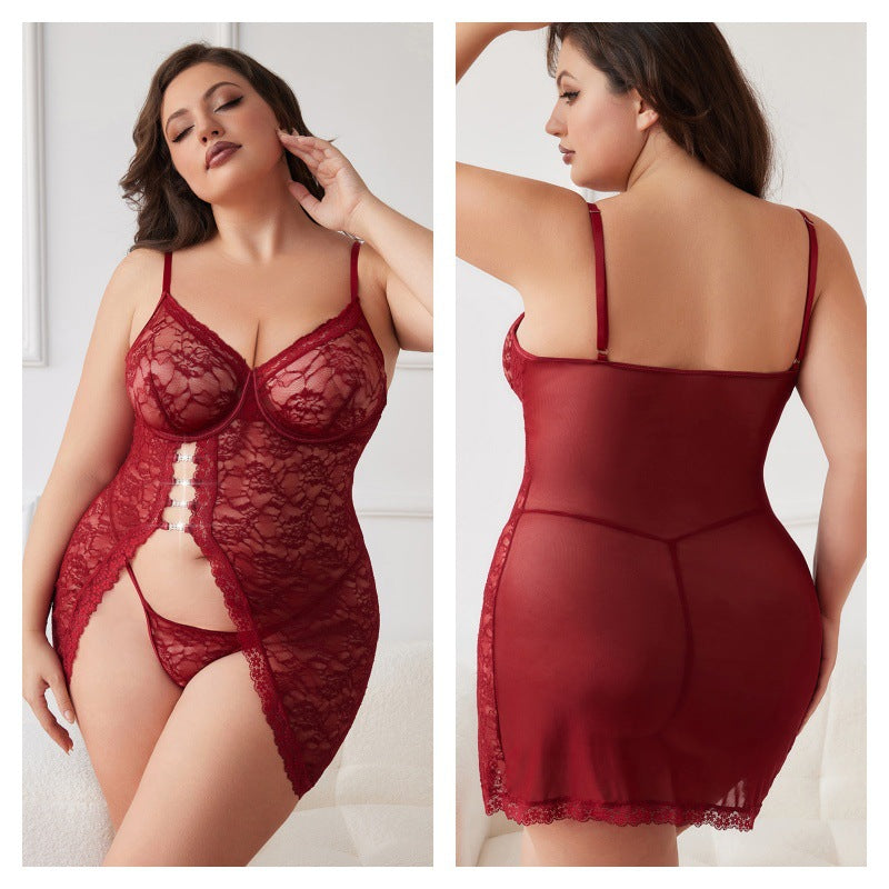 Conjunto de lencería de dos piezas de talla grande, sexy, de encaje transparente con liguero y abertura.