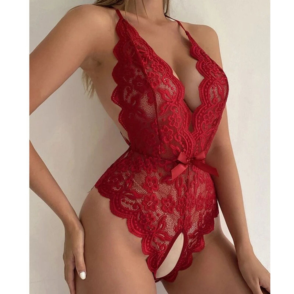 Lencería sexy de encaje transparente sin espalda de una pieza
