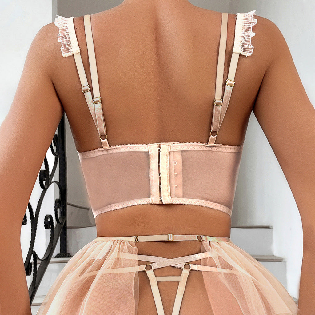 Floral Diamond Quilted Embroidery Sexy Strappy Mesh Tutu Dress Lingerie Sets For Women Sexy