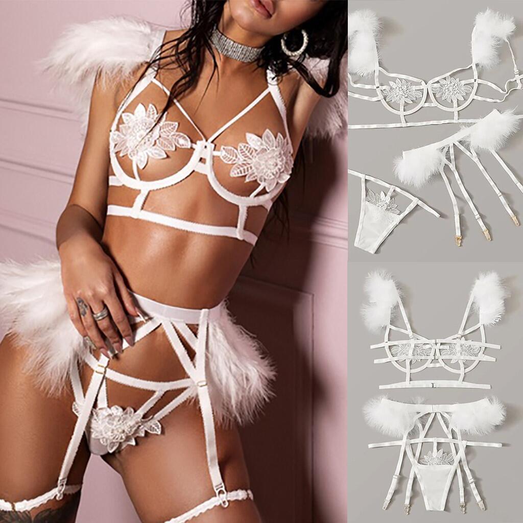 Feather Strap Stitching Sexy Three-Piece Set