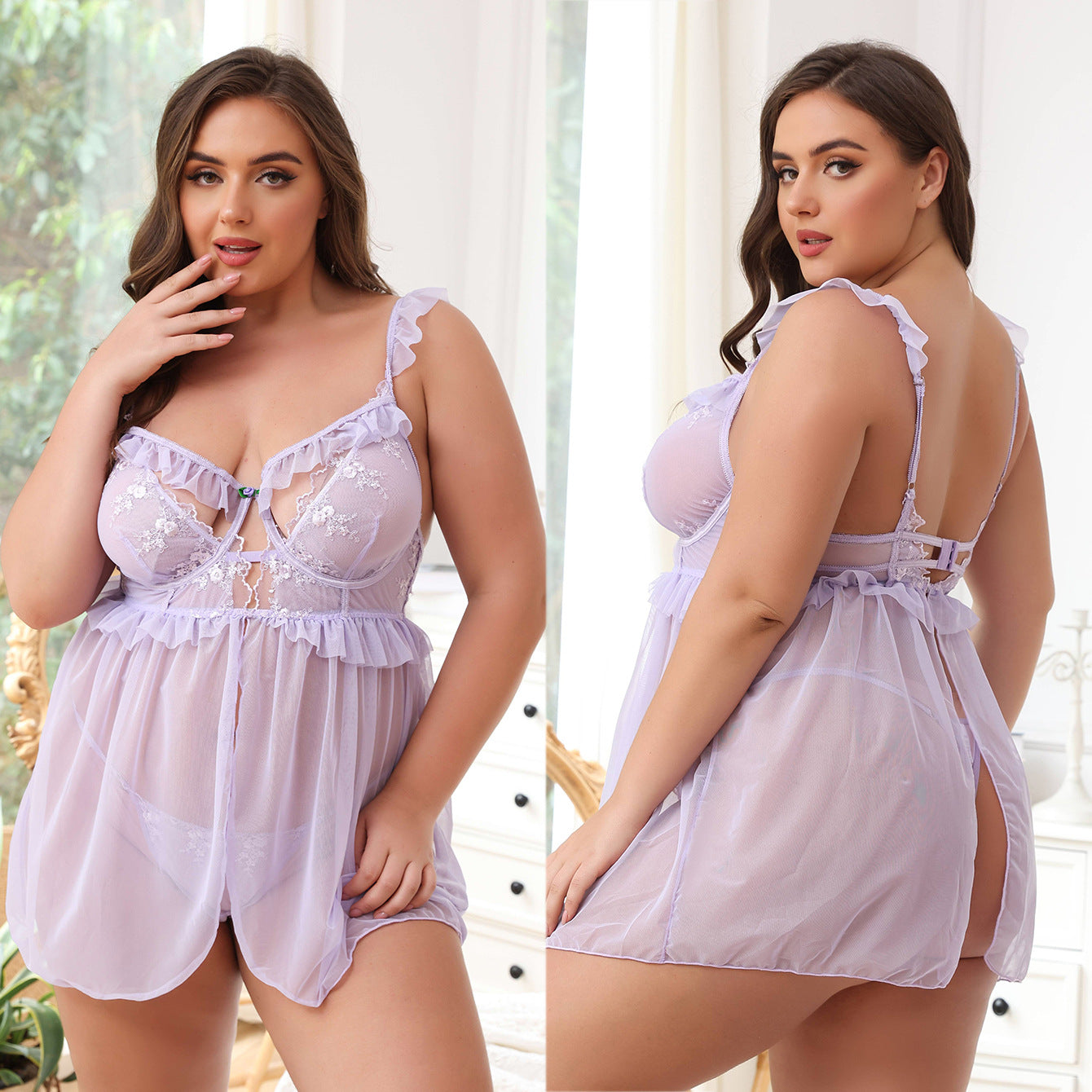 Camisola Tallas Grandes con Bordado y Aro, Mini Falda Lencera Transparente de Encaje Sexy