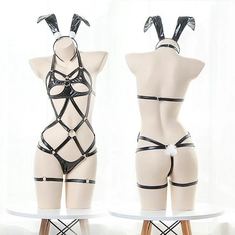 【Diadema de orejas de conejo gratis】Lencería sexy de cuero de tres piezas de SM Bunny Girl