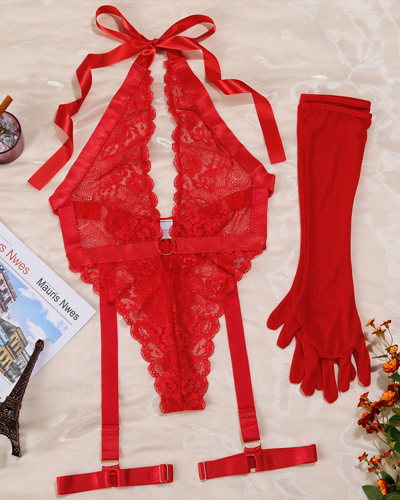 Bodies halter de encaje con guantes