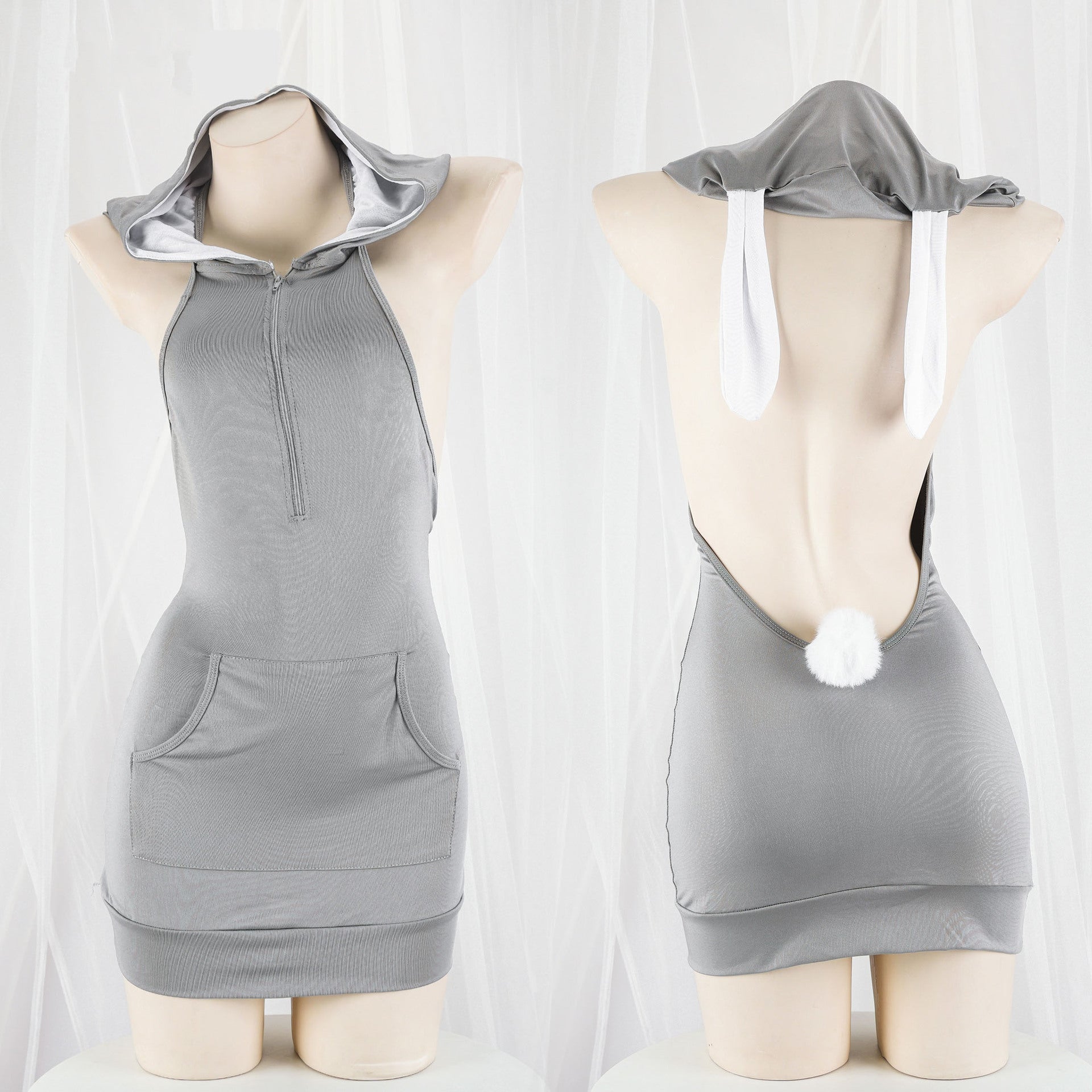 Vestido con capucha sin espalda sexy Kawaii camisón con cremallera