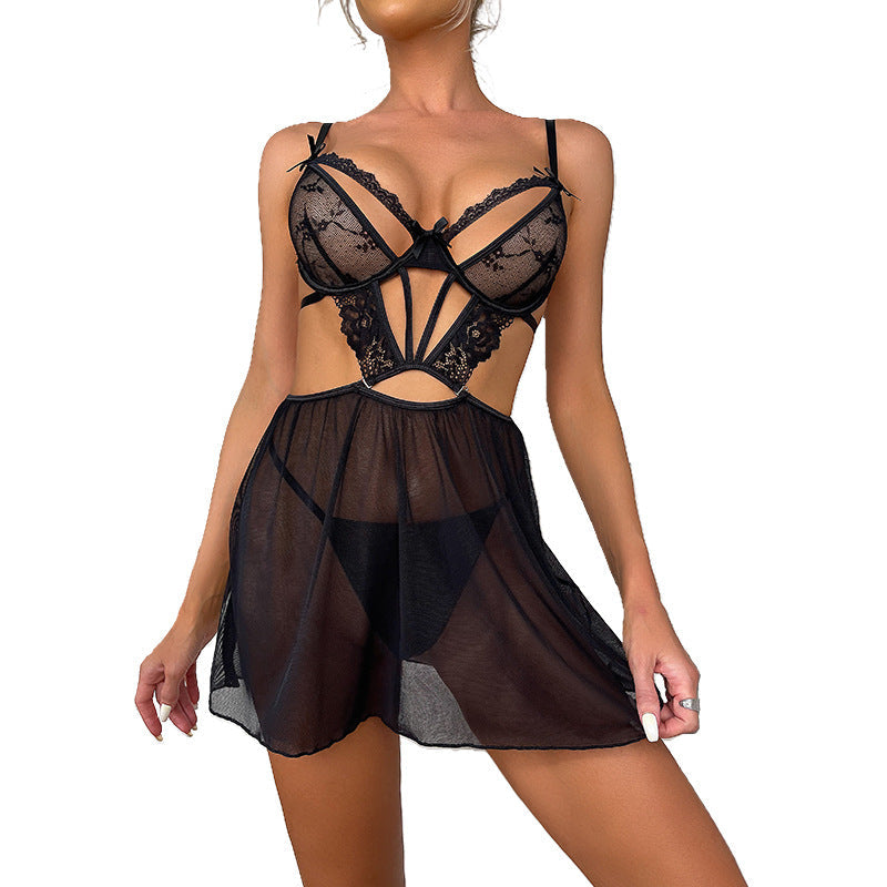Body erótico sexy con lazo y ribete de encaje, ligero y fino, conjunto de dos piezas de uniforme de la tentación.