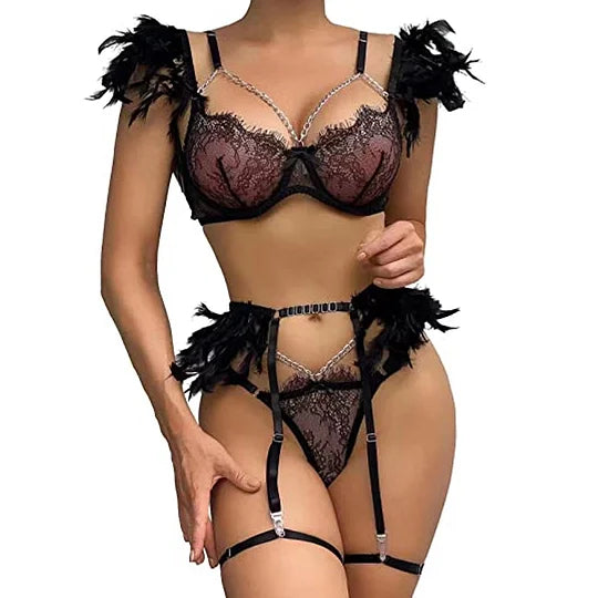 Traje de lencería sexy ultrafino de encaje con plumas de ángel para una noche apasionada