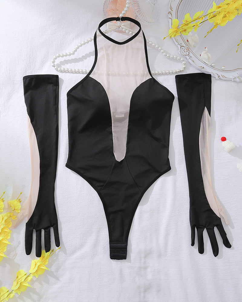 Body con paneles de malla y escote pronunciado
