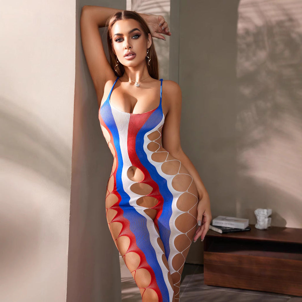 Hollow-out Tight Jumpsuit Red, White and Blue Three-Color Slim Fit Jumpsuit