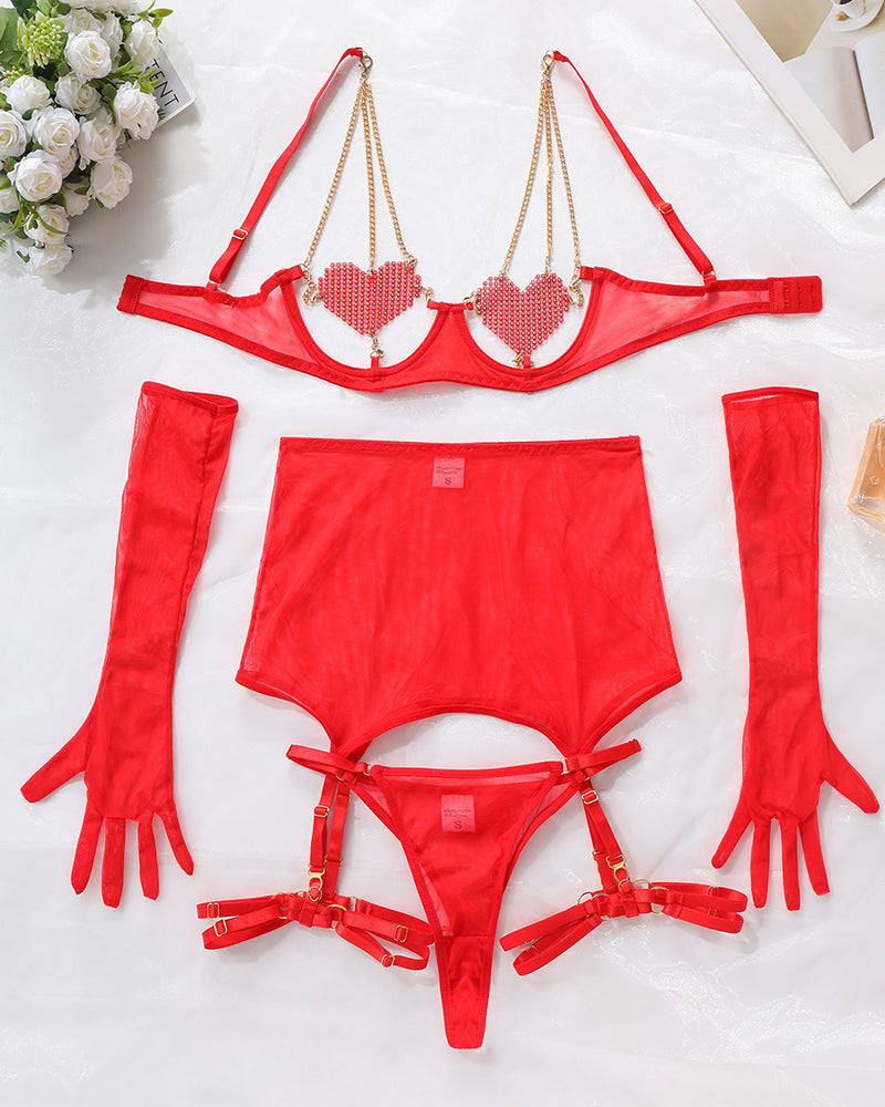 Conjunto de Lencería de 5 Piezas de Malla con Cadena de Corazones