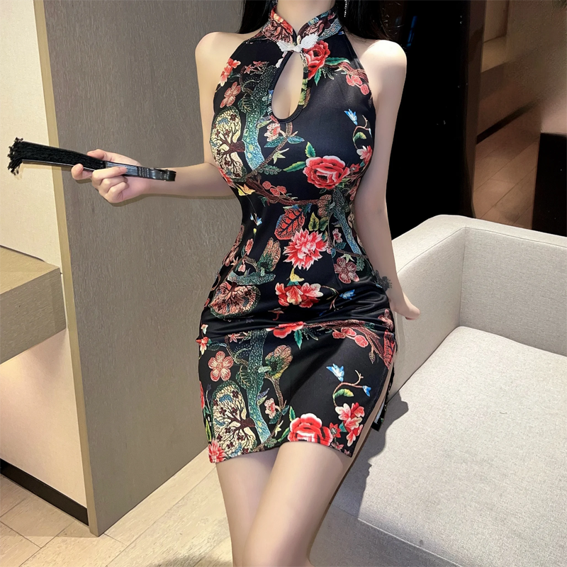 Qipao sin mangas con aberturas y estampado vintage