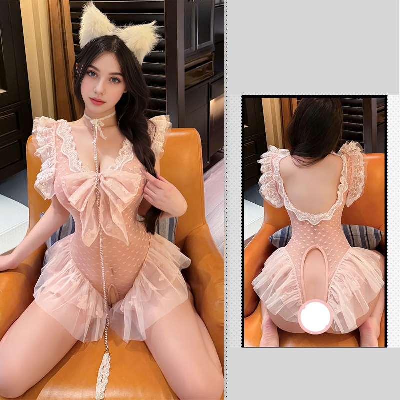 Conjunto de lencería sexy con ligas, transparente y con abertura en la entrepierna