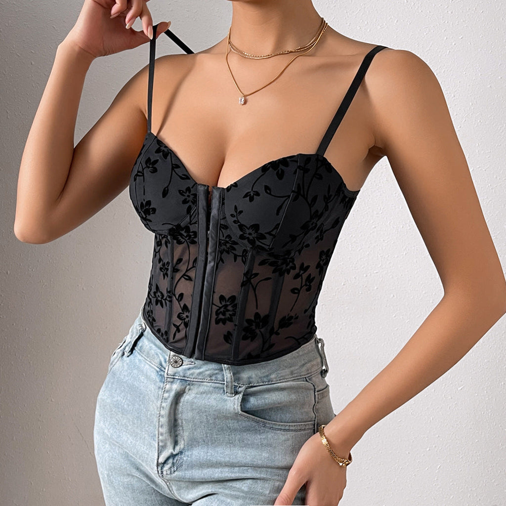 Minifaja de malla transparente de corte bajo con tirantes y varillas de espiga