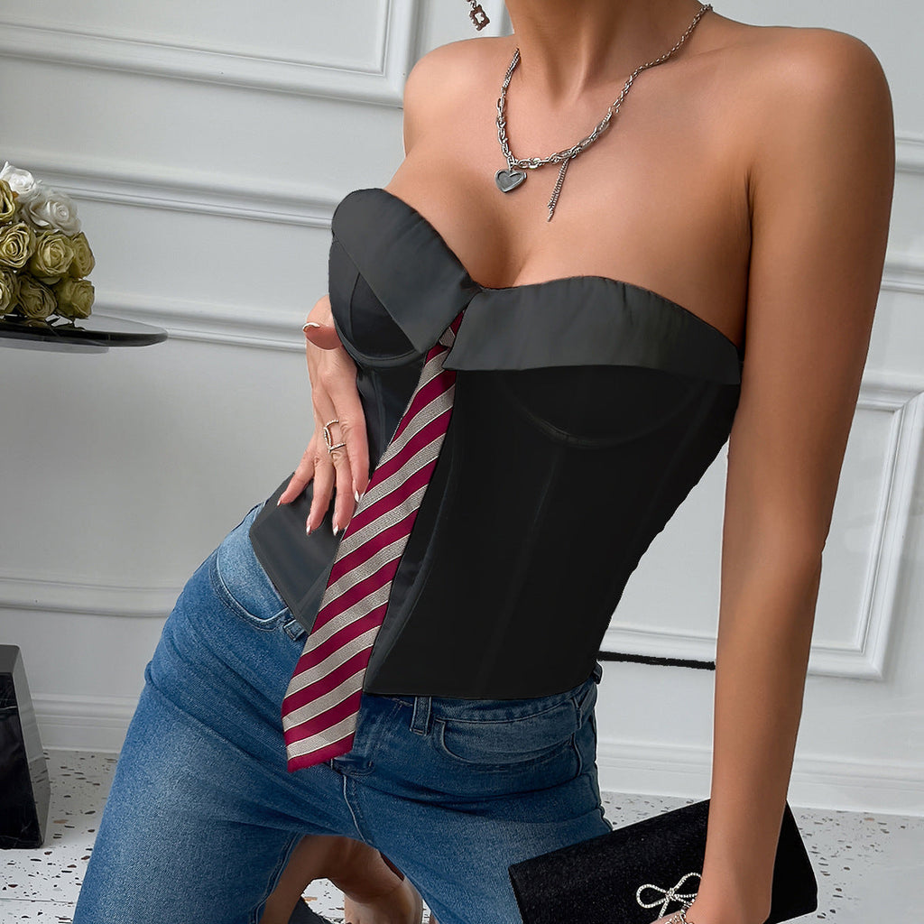Top con aro de acero, escote bajo, diseño de espina de pescado con cordones, color liso, estilo sexy