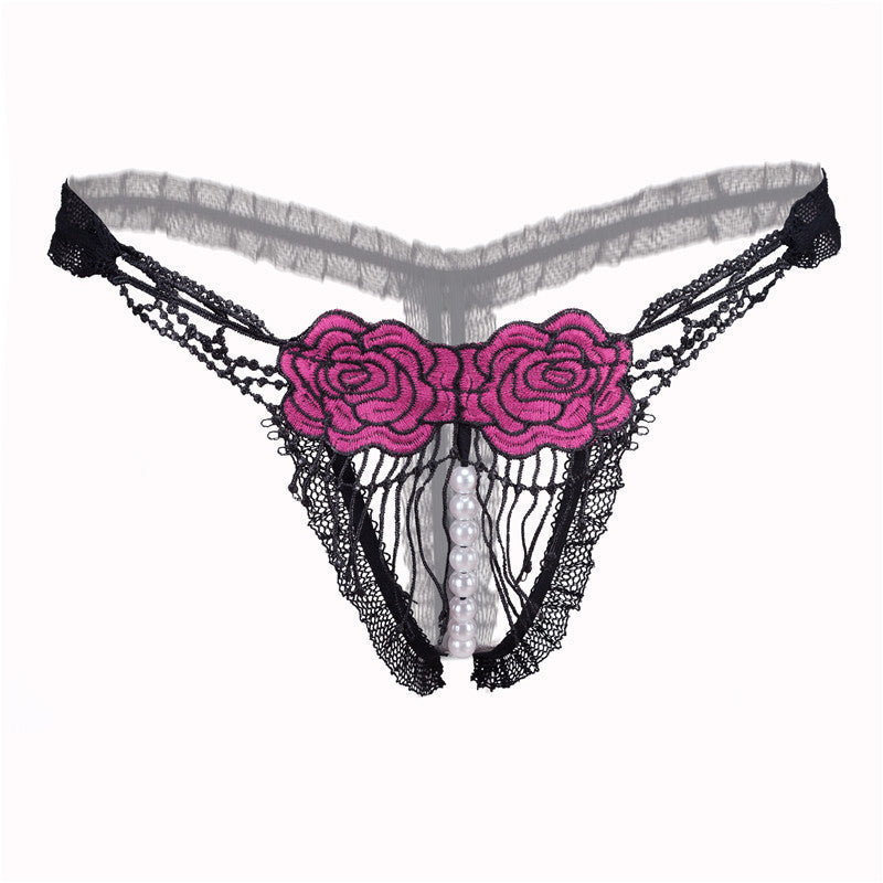 Sexy Open Crotch Mesh Flower Embroidery Thong