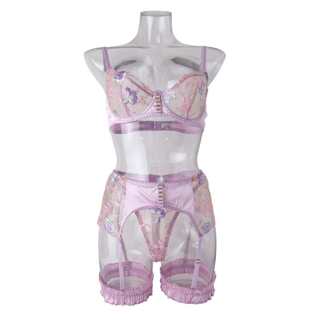 Conjunto de lencería erótica sexy de encaje morado claro transparente, sujetador bordado