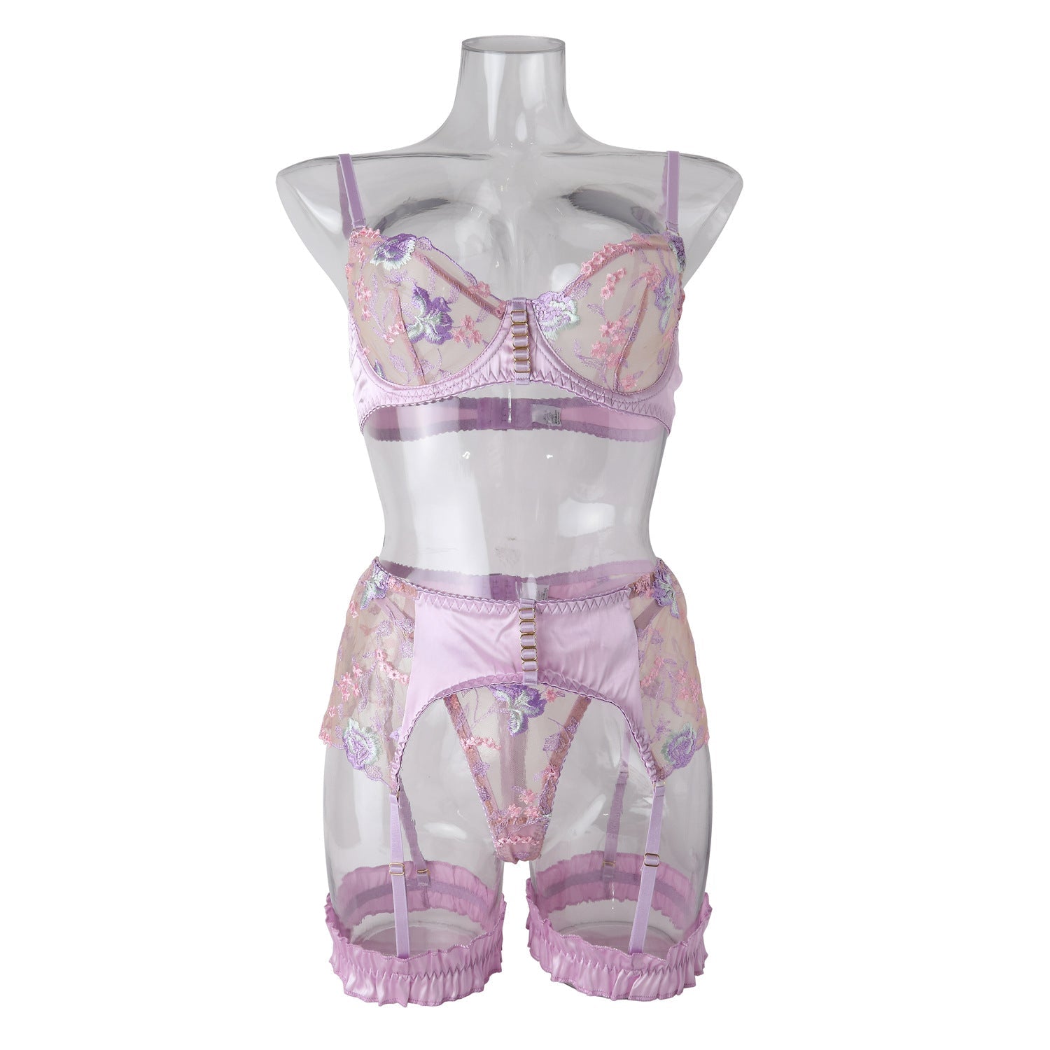 Conjunto de lencería erótica sexy de encaje morado claro transparente, sujetador bordado