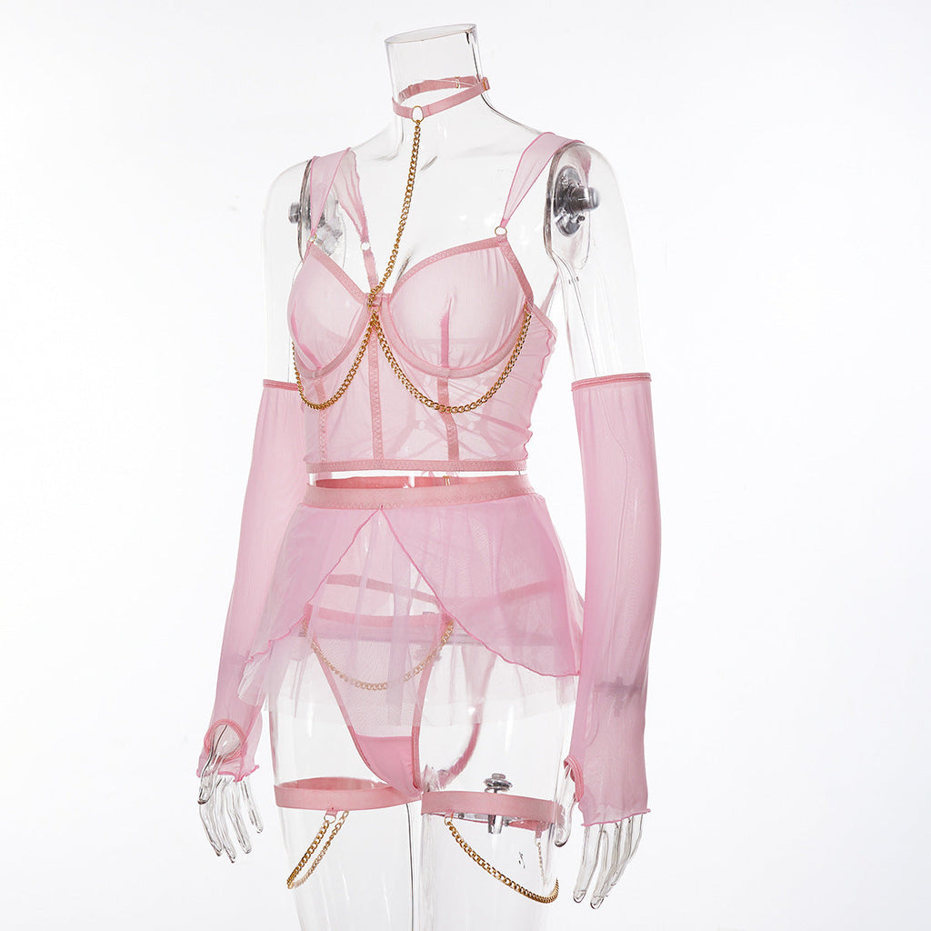 Mesh Neck Hanging Chain Sexy Lingerie Skirt Suit Assembly Gloves