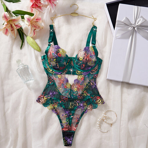 Lencería Sexy Bordada con Flores de Colores
