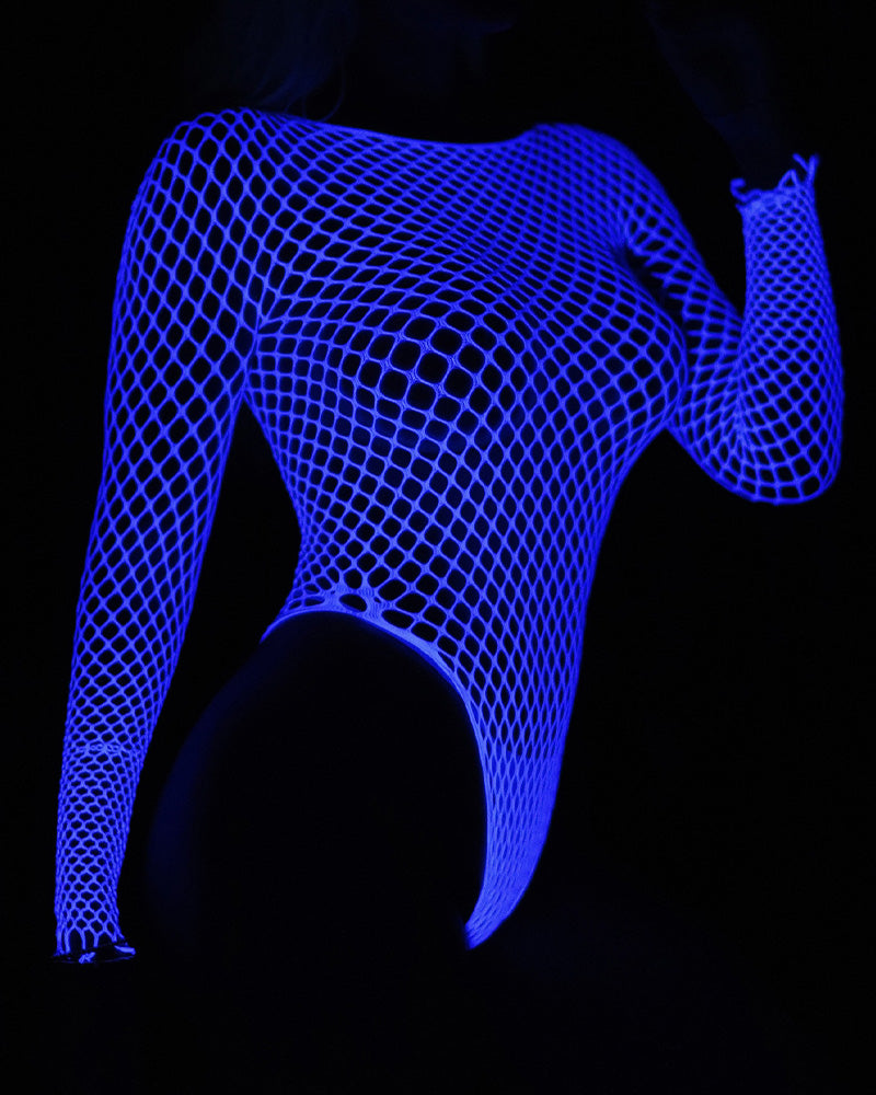 Bodysuits luminosos azules de manga larga de rejilla