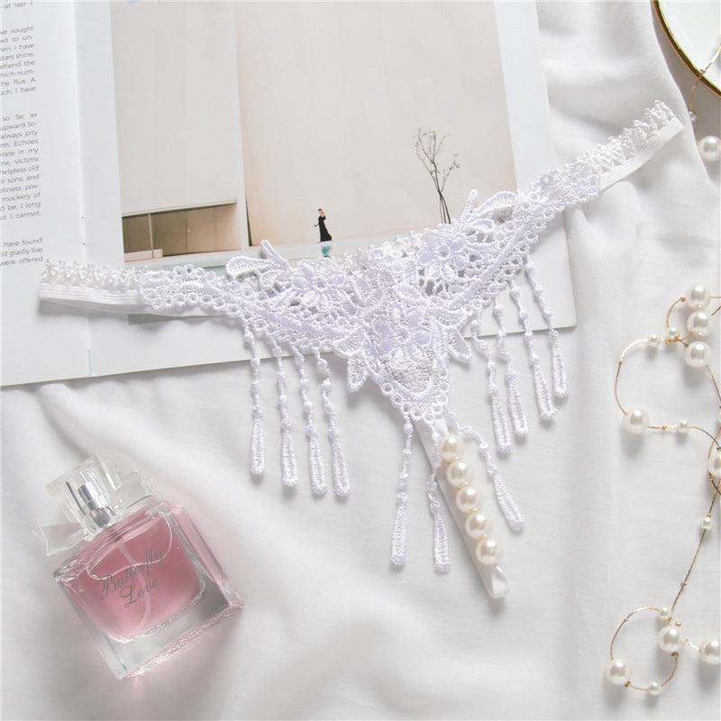 Sexy Embroidered Tassel Pearl Open Crotch Thong