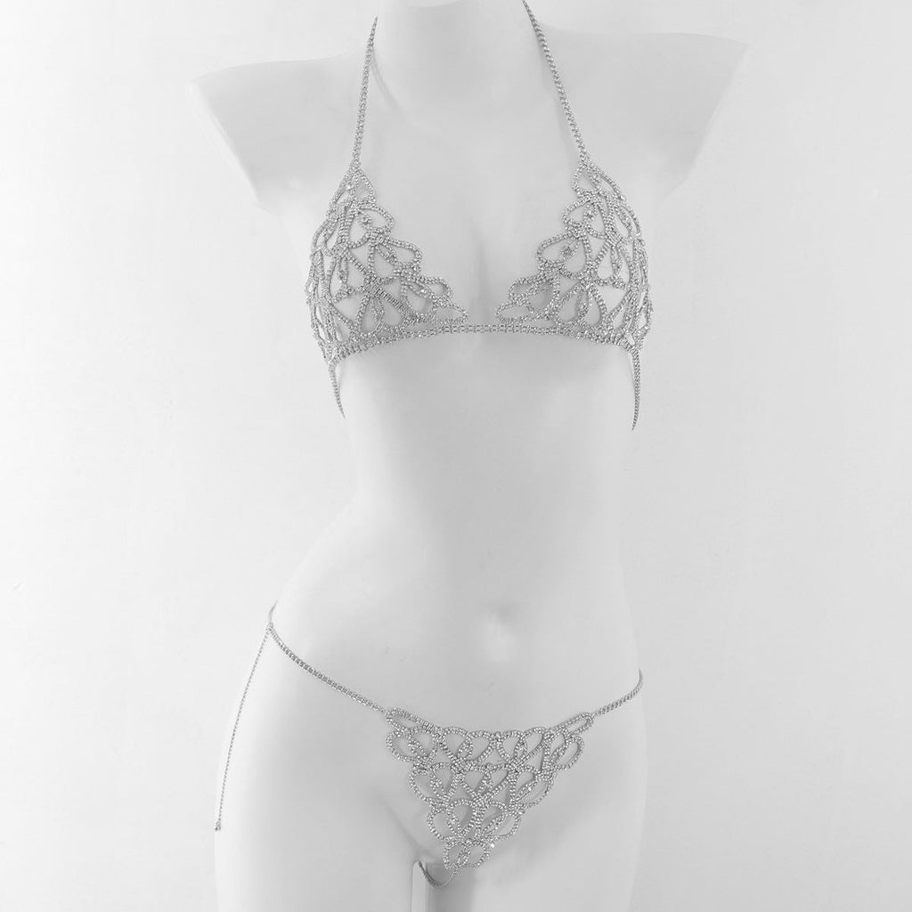 Water diamond Diamond studded Heart shaped Decorations Nightclub sexy Body Chain Bra Set