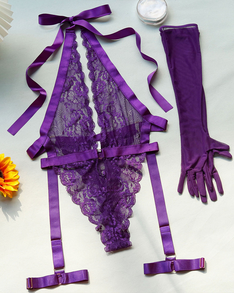 Deep V Neck Lace Halter Bodysuits