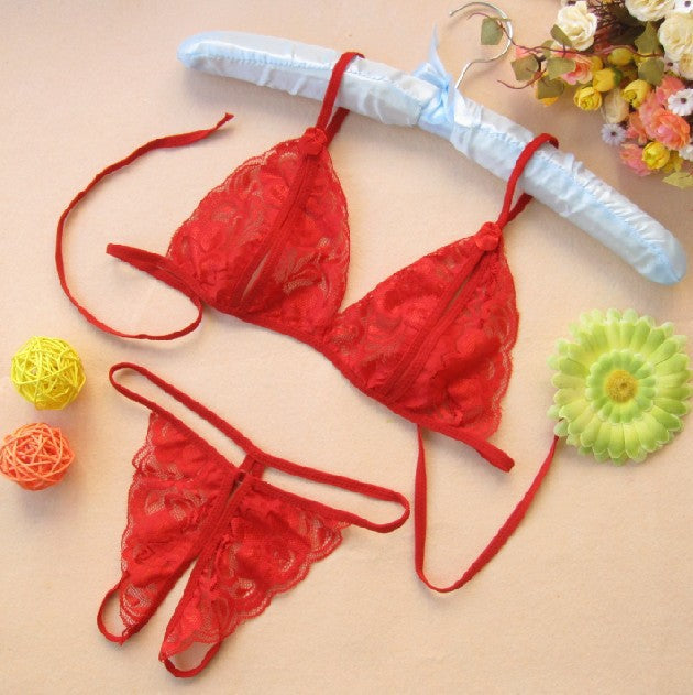 Conjunto de lencería sexy de tres piezas para mujer, de encaje transparente y entrepierna abierta, seductora