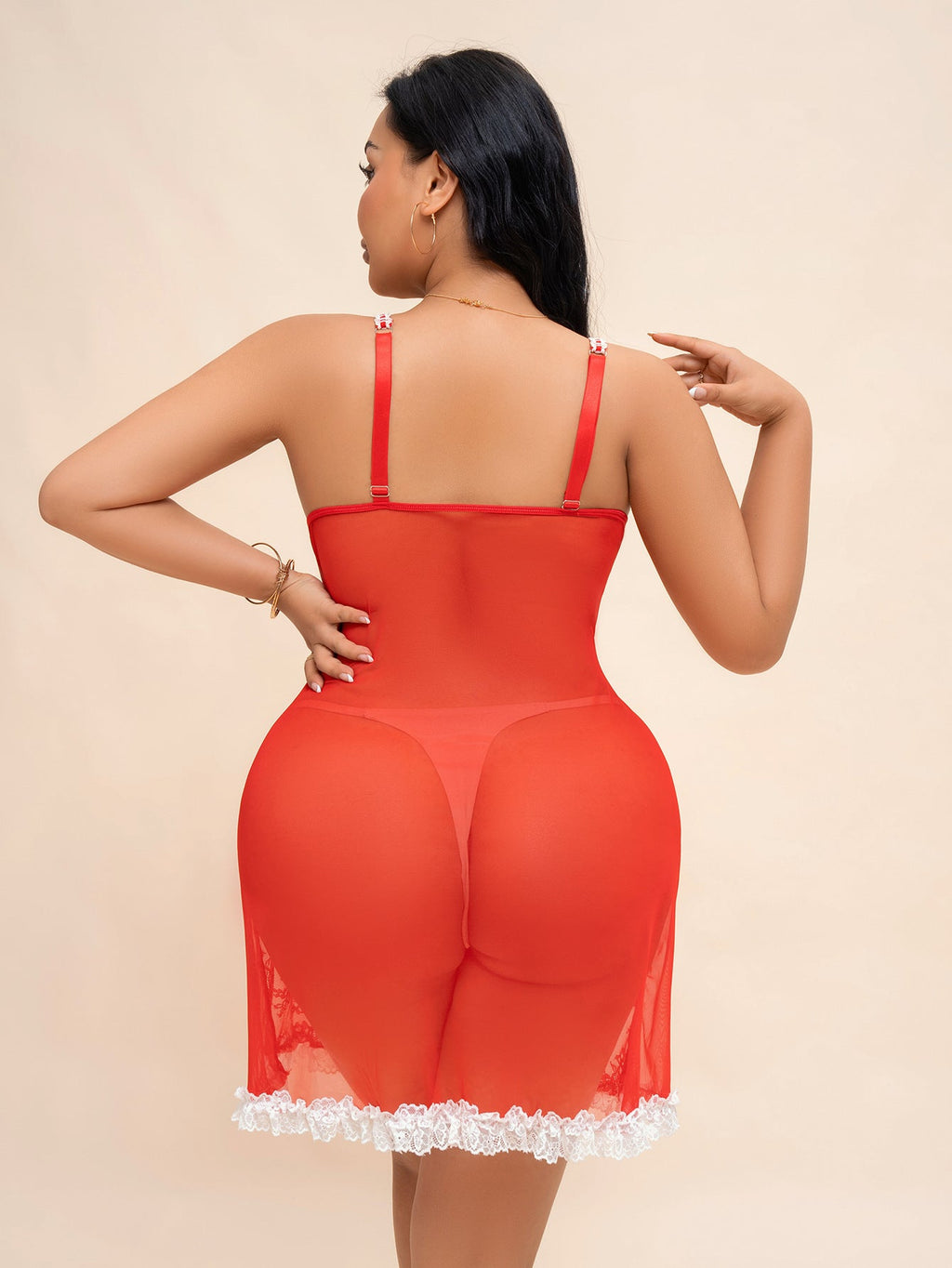Plus Size Deep V Lace Sheer Slip Dress