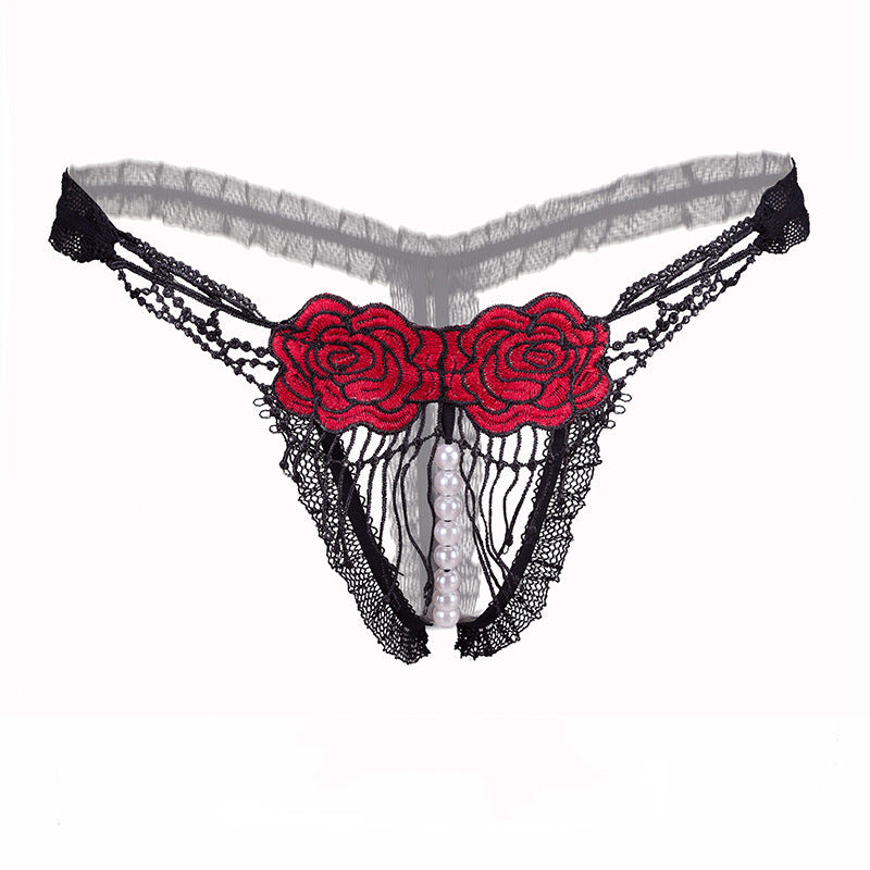 Sexy Open Crotch Mesh Flower Embroidery Thong