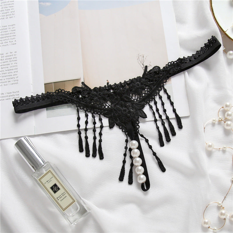 Sexy Embroidered Tassel Pearl Open Crotch Thong