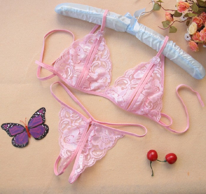 Conjunto de lencería sexy de tres piezas para mujer, de encaje transparente y entrepierna abierta, seductora